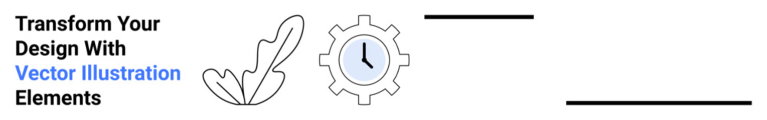 Feather and gear clock combination highlighting balance of creativity, productivity, and design efficiency. Ideal for innovation, time management, branding, marketing, web design, teamwork flat