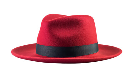 Red fedora hat with black ribbon on transparent background