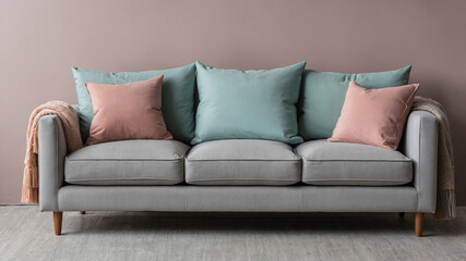 Fototapeta premium Comfortable leather sofa with pillows in a modern living room interior