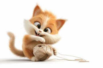 A 3D cartoon-style cute cat character playing joyfully with a ball of yarn
