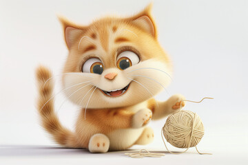 A 3D cartoon-style cute cat character playing joyfully with a ball of yarn