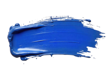 Vibrant blue paint swipe on a transparent background, perfect for artistic designs, backgrounds. Blue paint brush stroke smear color texture swatch background lipstick white smudge isolated. 