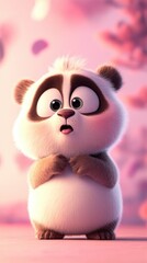 An adorable cartoon panda with big, surprised eyes stands isolated against a pink background, conveying a playful and whimsical mood.