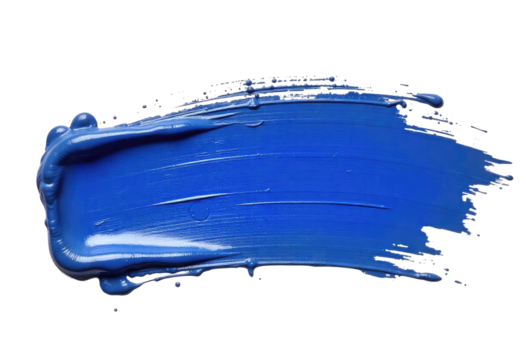 Vibrant blue paint swipe on a transparent background, perfect for artistic designs, backgrounds. Blue paint brush stroke smear color texture swatch background lipstick white smudge isolated. 
