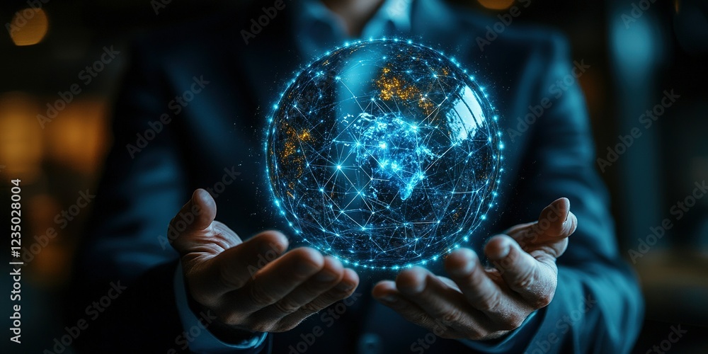 Poster global connectivity as a man holds a glowing digital globe representing data and technology advancem