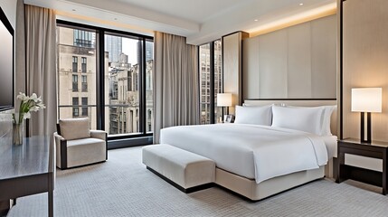 Luxurious Hotel Bedroom with City View and Elegant Modern Interior Design : Generative AI