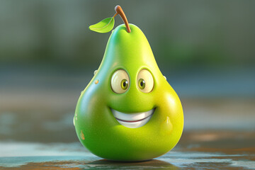 A 3D cartoon-style green pear with a vibrant, ripe color and a cheerful smile on its face