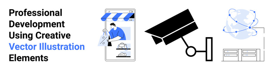 Mobile storefront with a person shopping, security camera monitoring space, globe with global connectivity lines, and server icons. Ideal for e-commerce, security, technology, global commerce
