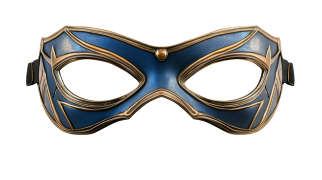 Blue and gold superhero mask isolated on transparent background