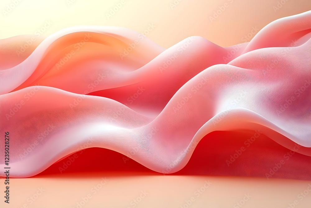 Poster abstract composition featuring flowing waves in soft hues of pink and coral, creating a sense of mov