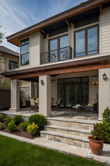 Obraz premium Luxury Modern Home Exterior: Stunning Architectural Design with Spacious Patio and Landscaped Backyard