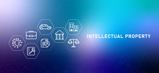 Intellectual Property gradient header ownership company lawsuit patent trademark protection license management authorship development design icon outline