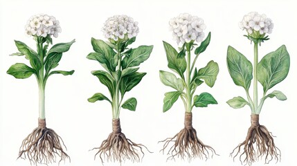 A minimalistic hand-drawn illustration of valerian plants, showcasing their flowers, leaves, and roots in four stages