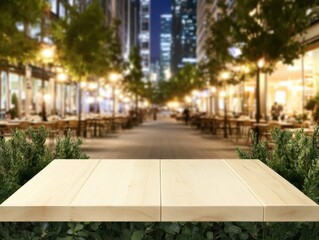 The image features an empty wooden tabletop with a blurred background of a lively city street, illuminated by streetlights and nestled between buildings.