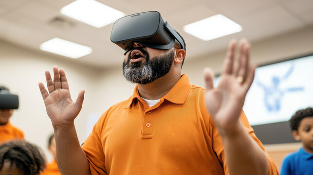 Teacher demonstrating virtual reality technology in classroom setting, engaging students with immersive learning experiences