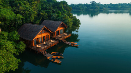 Fototapeta premium tranquil eco resort on pristine lake surrounded by lush greenery, featuring wooden cabins and boats
