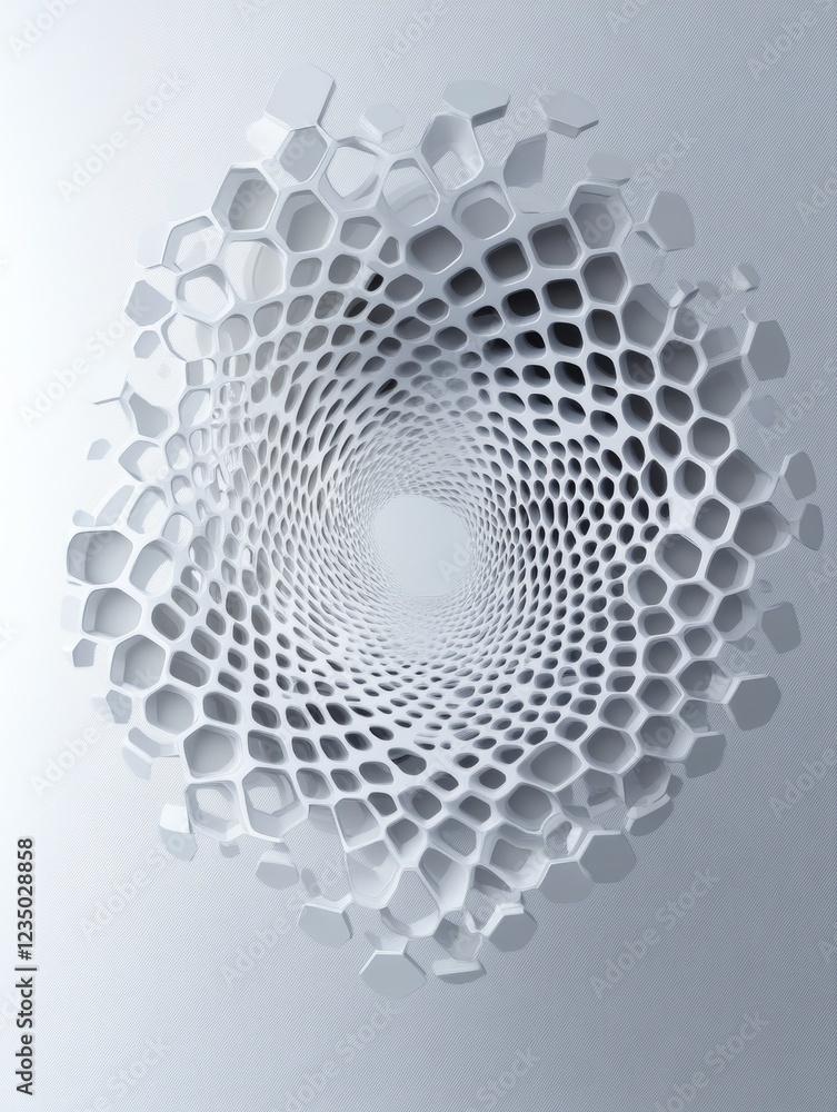 Poster geometric design with hexagonal patterns creating a mesmerizing spiral effect on a light background.
