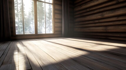 Sunlit Rustic Room with Wooden Walls and Scenic Forest View : Generative AI