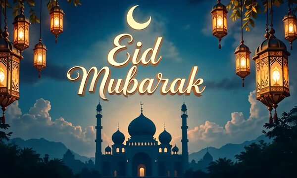 Eid Mubarak Text Effect Islamic Design, Hanging Ramadan Candle Lanterns And Mosque. 4k videos
