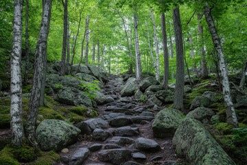 Trees, rocks, forest and Lake on the Under the Volcano Trail along the beautiful rocky coast of Lake Superior at Neys Provincial Park, Ontario, Canada.