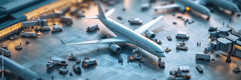 Poster busy airport terminal with parked airplanes, workers and service vehicles during the day highlightin