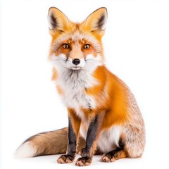 Charming fox with fiery orange fur sitting gracefully on a white background, showcasing its elegant features and curiosity