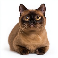 Charming Burmese cat with a rich brown coat displayed against a clean white background