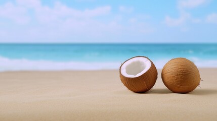 Obraz premium Close-up view of coconuts resting on sandy beach with tropical ocean background on a sunny day