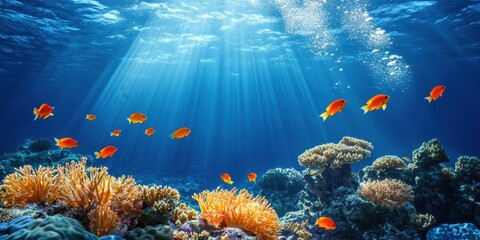 Naklejka premium Vibrant Coral Reef Scene With Orange Fish Swimming