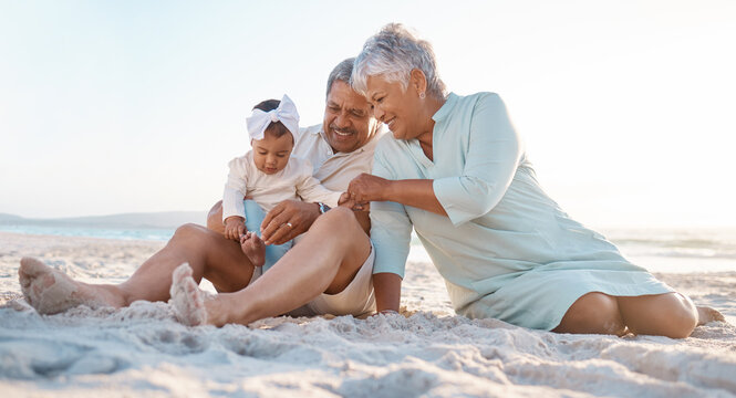 Grandparents, relax or baby at beach with smile, love or trust in family, retirement or nature together. Happy people, senior or girl child playing with sand or ocean on outdoor holiday vacation trip