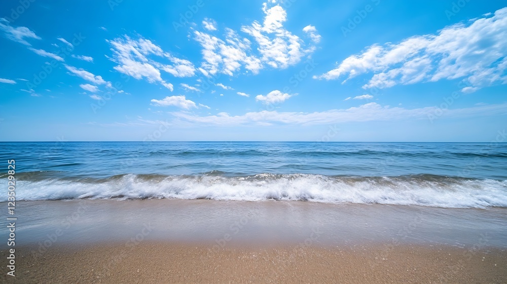 Poster serene ocean beach with calm waves under bright blue sky and fluffy clouds : generative ai