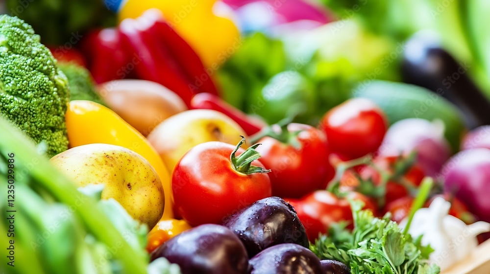 Poster vibrant display of fresh vegetables including peppers and tomatoes : generative ai