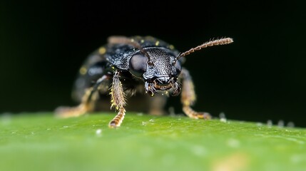 Macro Shot of Black Beetle on Leaf with Distinctive Antennae and Textured Body : Generative AI