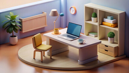 Cozy,modern office space is complete with a desk,laptop,chair,and various decorative items.Room features soft lighting and green plants that add a touch of nature to the otherwise minimalist design.AI