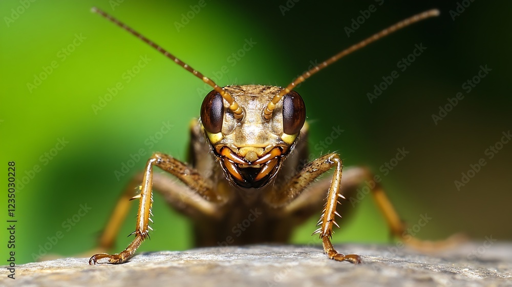 Poster Brown Grasshopper Macro Closeup on Stone Surface in Natural Setting : Generative AI