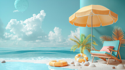 Obraz premium Idyllic tropical beach setup with umbrella, chair, and inflatable ring, serene ocean backdrop.