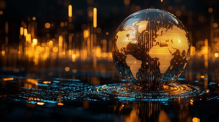 Futuristic globe featuring a golden design with digital elements representing interconnectedness and technology