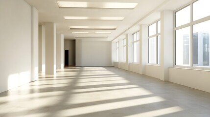 Bright Spacious Open Layout Office with Large Windows and Minimalistic Modern Design : Generative AI