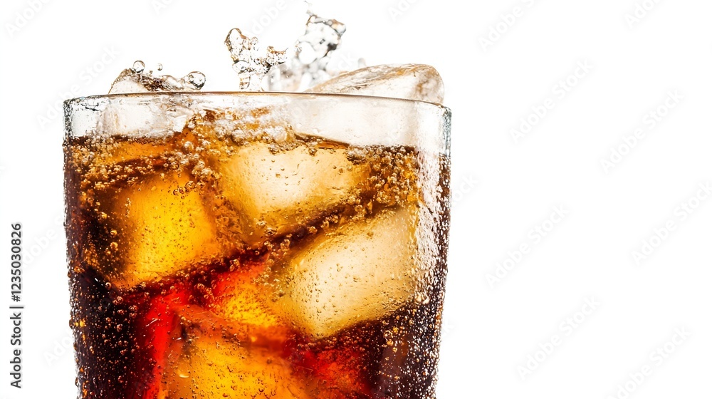 Poster refreshing glass of fizzy cola with ice cubes and splashes on white background : generative ai
