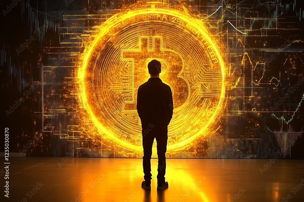 Aufkleber man stands in front of glowing bitcoin symbol while observing cryptocurrency trends in a modern spac