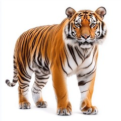 Fototapeta premium Majestic Bengal tiger stands proud with vibrant orange fur against a white background