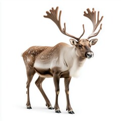 Fototapeta premium Majestic caribou stands gracefully against a pristine white background, showcasing its impressive antlers and shaggy fur
