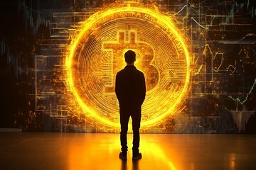 Man stands in front of glowing Bitcoin symbol while observing cryptocurrency trends in a modern space