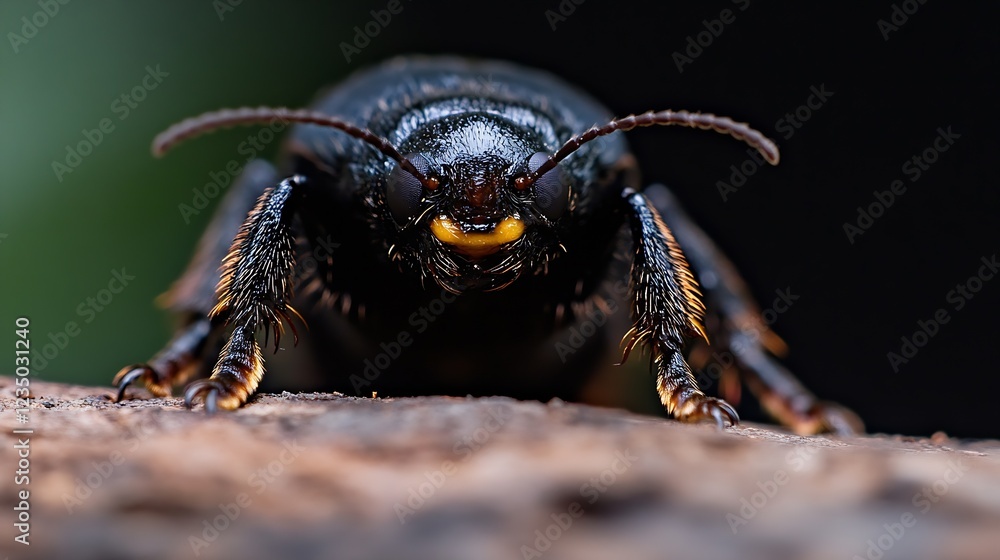 Aufkleber Intense Close Up of Dark Beetle on Bark Examining Insect Features and Environment : Generative AI