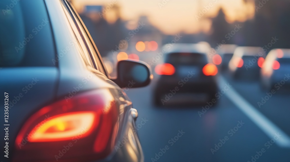 Poster Evening Traffic on Busy Urban Road with Blurred Car Lights Creating Bokeh Effect : Generative AI