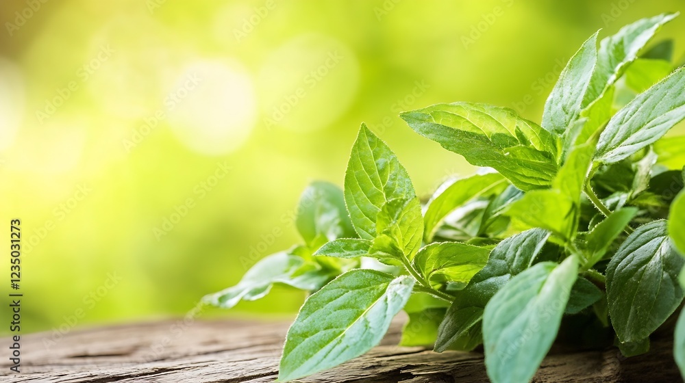 Poster closeup of fresh basil leaves on rustic wood with blurred green bokeh background : generative ai