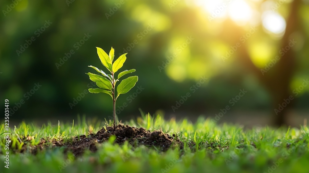 Poster young green plant sprouting from soil with sunlight bokeh in lush green background : generative ai