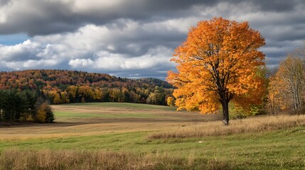 Fototapeta premium Solitary Autumn Tree In Open Field Under Moody Dramatic Sky With Forest Hills : Generative AI