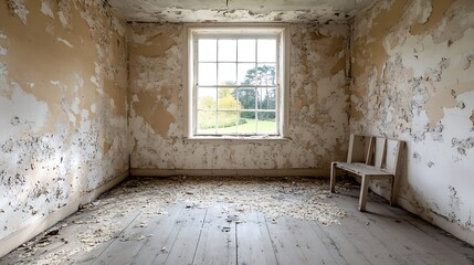 Abandoned Rustic Room with Peeling Walls and Single Window Overlooking Countryside : Generative AI