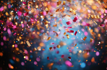 Naklejka premium Colorful confetti falling on a blue background. Birthday party concept. 